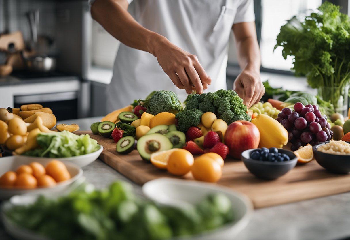 A Person Preparing A Balanced Meal With A Variety Of Fruits, Vegetables, And Lean Proteins On A Clean And Organized Kitchen Counter