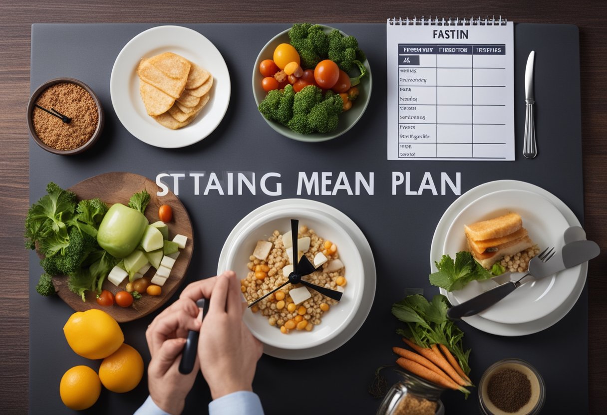 A Person Preparing A Balanced Meal Plan With A Clock Showing Specific Eating And Fasting Periods