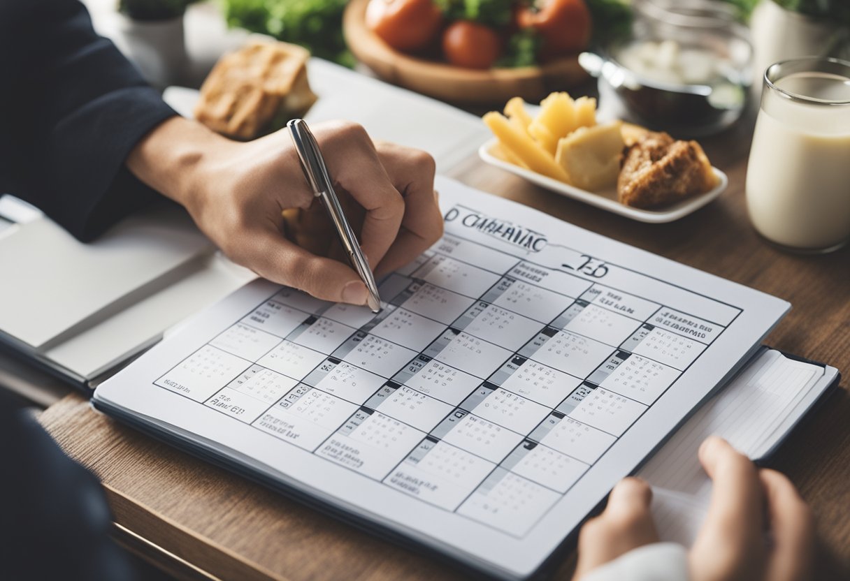 A Person Setting A Timer And Organizing Meal Plans On A Calendar