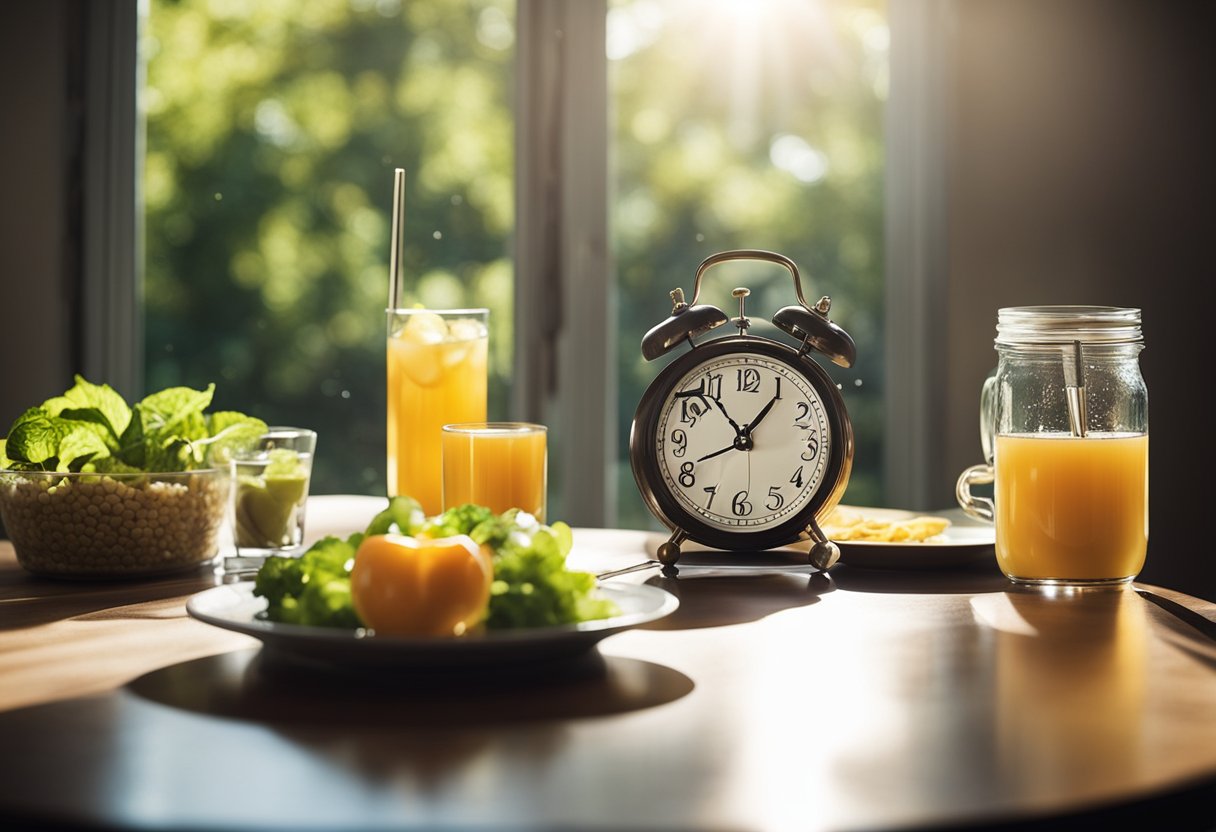 A Table Set With A Clock, Water, And Healthy Food. A Journal And Pen Sit Nearby. Sunlight Streams Through A Window