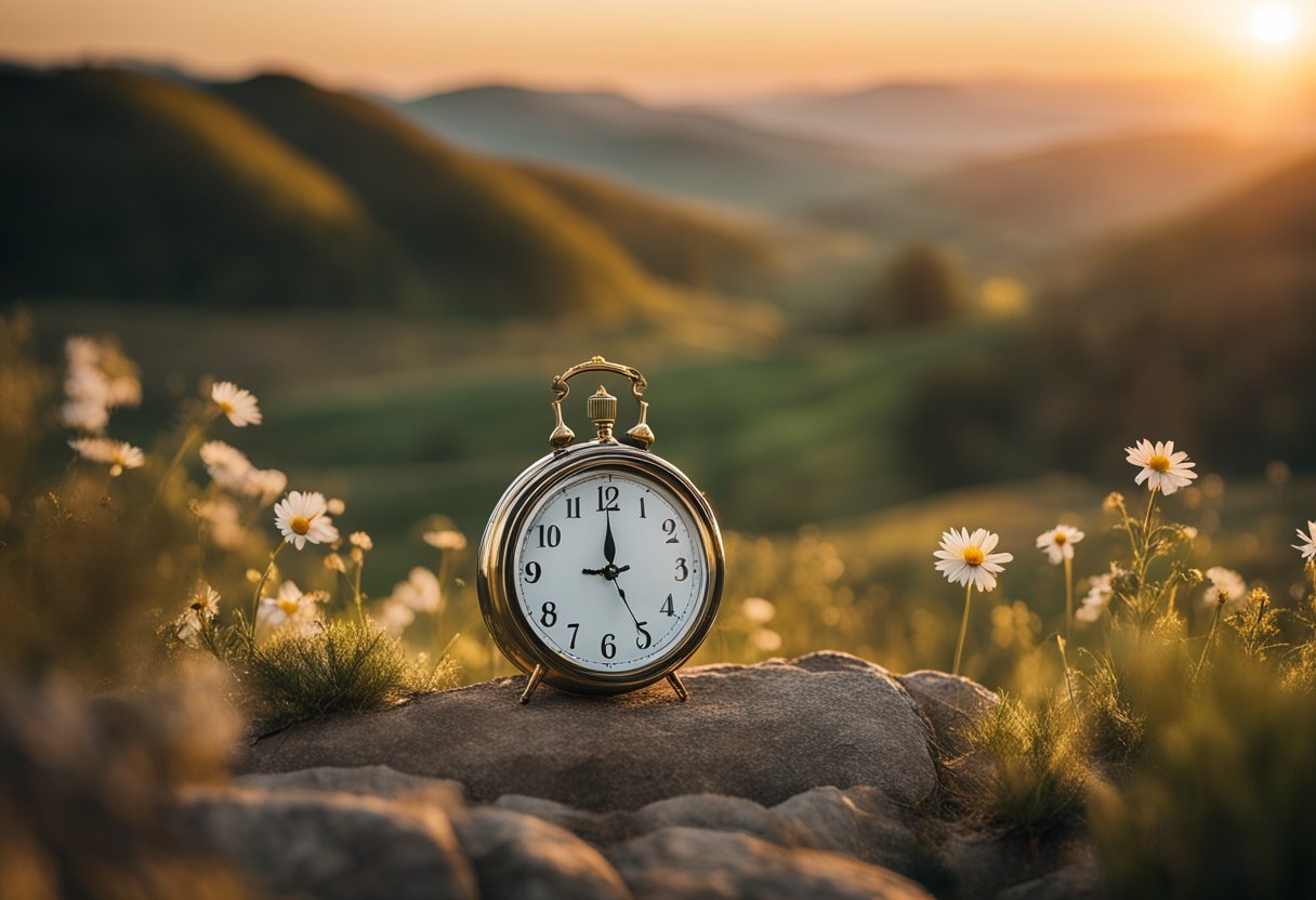 A Sunrise Over A Peaceful Landscape With A Clock Showing The Time Of The First Meal