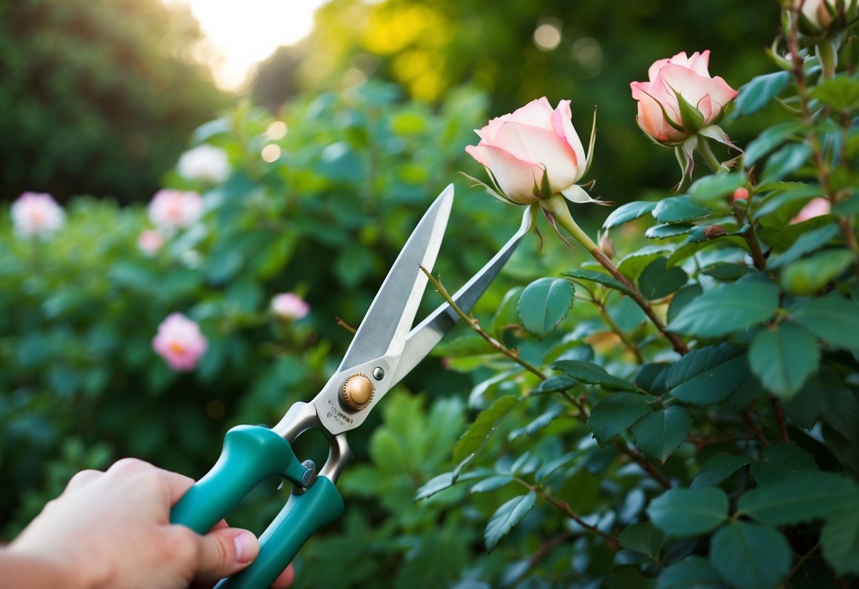 Een paar snoeischaren die overgroeide rozenstruiken terugsnoeien in een weelderige tuin