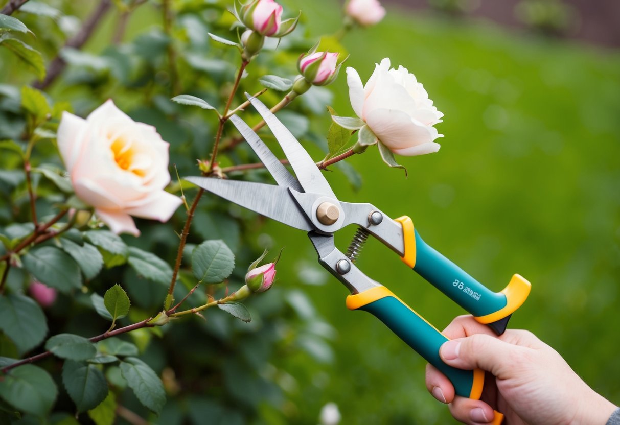 Een tuinscene met een paar snoeischaren die rozenstruiken terugsnoeien in het vroege voorjaar