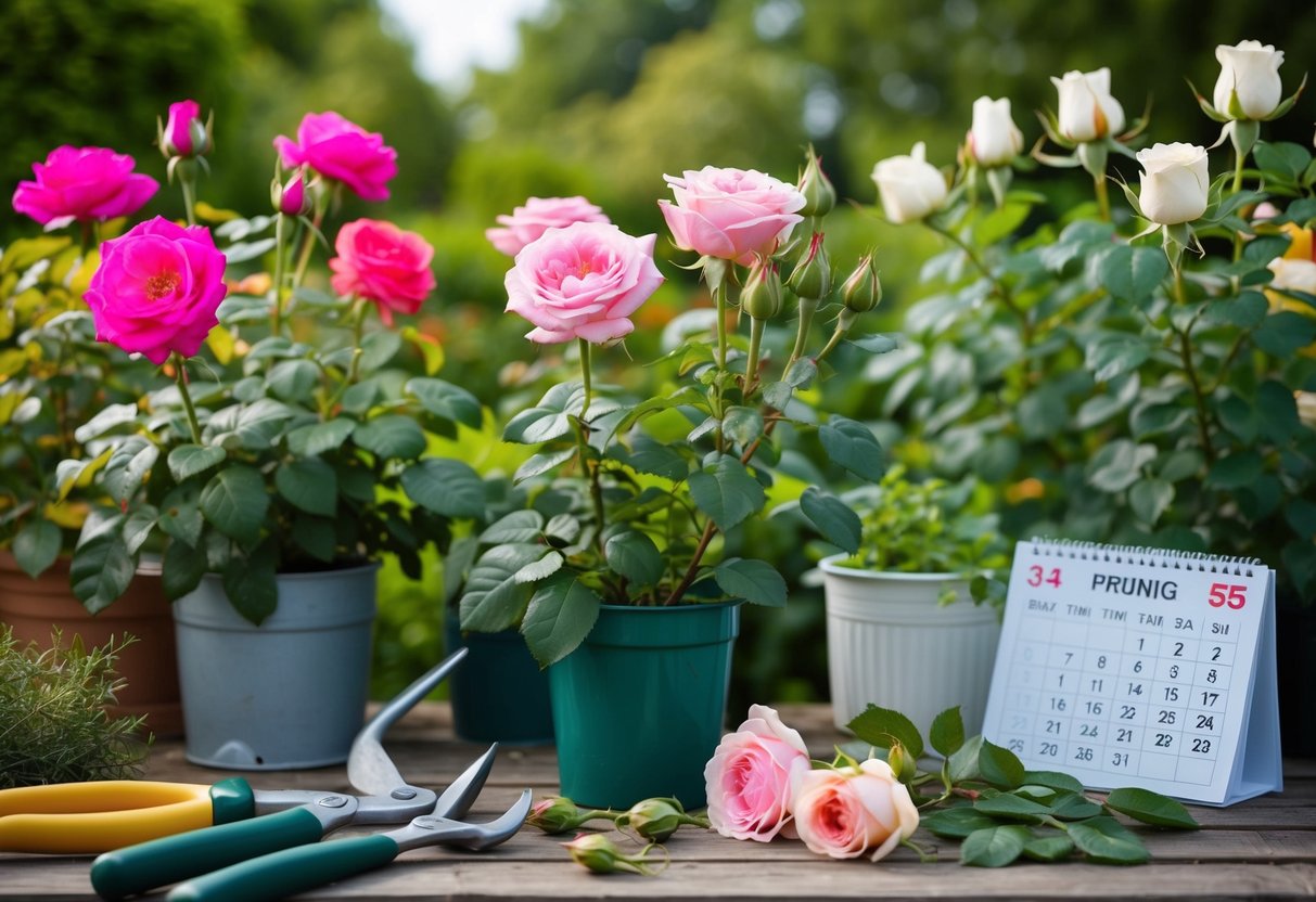 Een tuin met verschillende soorten rozen in verschillende groeifases, sommige in bloei en andere met nieuwe knoppen, omringd door tuingereedschap en een kalender die de beste tijd voor snoeien aangeeft.