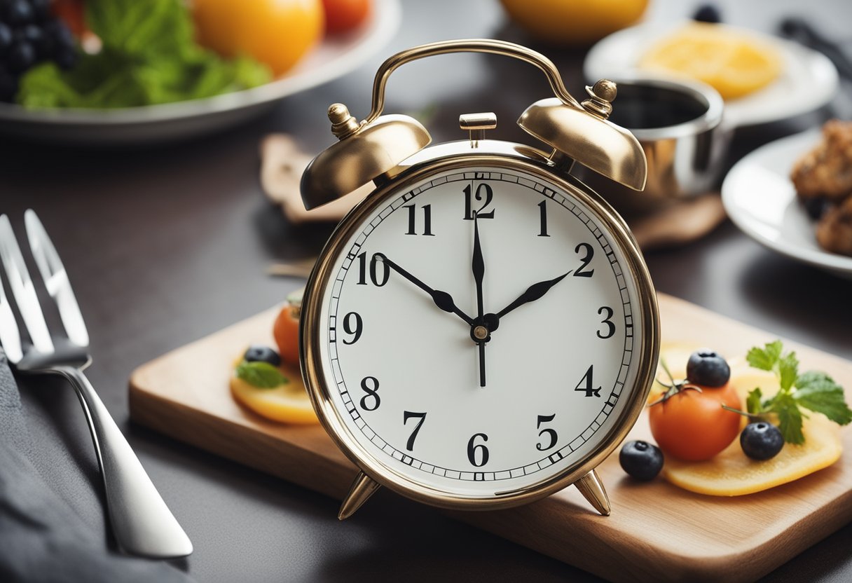 A Clock Showing The Time Intervals For Intermittent Fasting, With A Plate Of Healthy Food Next To It