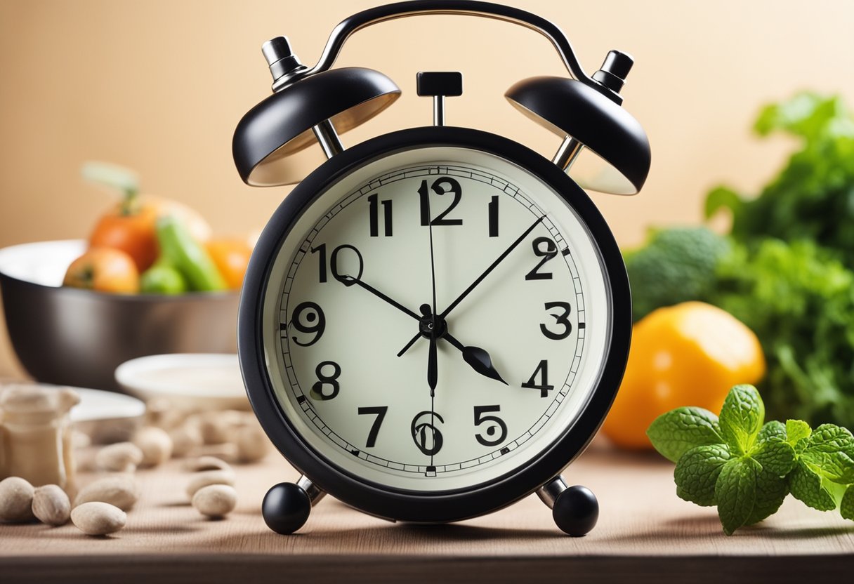 A Clock With The Hands At 8 Am And 2 Pm, Surrounded By Healthy Food And Water, With A Calendar Showing A Weekly Schedule