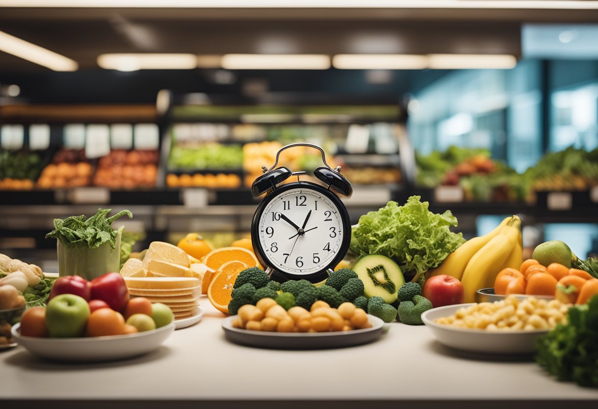 A Clock With An 8-Hour Eating Window Surrounded By Healthy Food Options