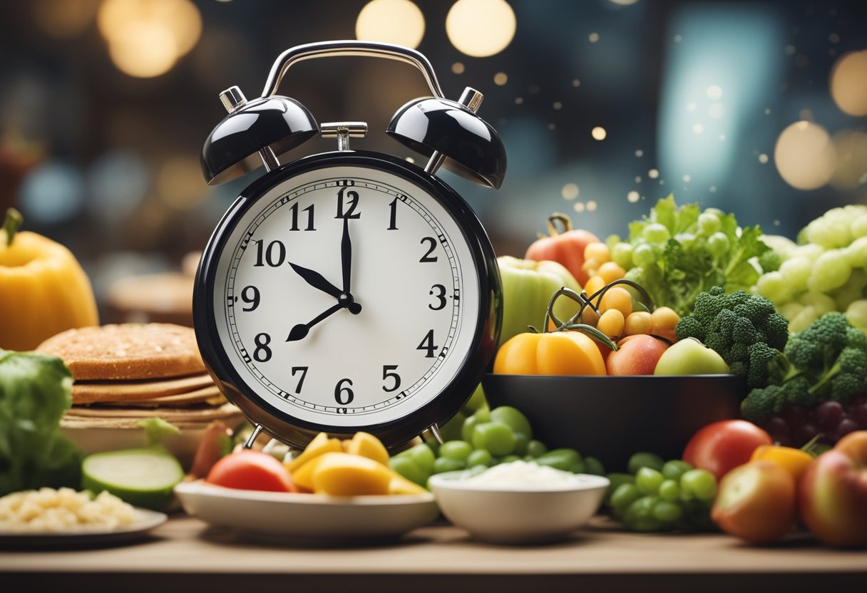 A Clock Showing A 16-Hour Fasting Window And An 8-Hour Eating Window, Surrounded By Healthy Food Choices And Water