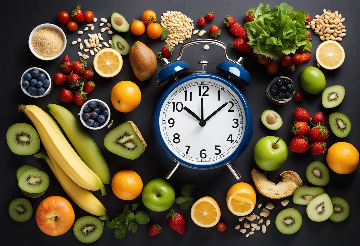 A Clock Showing The Time Period For Intermittent Fasting, Surrounded By Healthy Food Items And A Workout Schedule