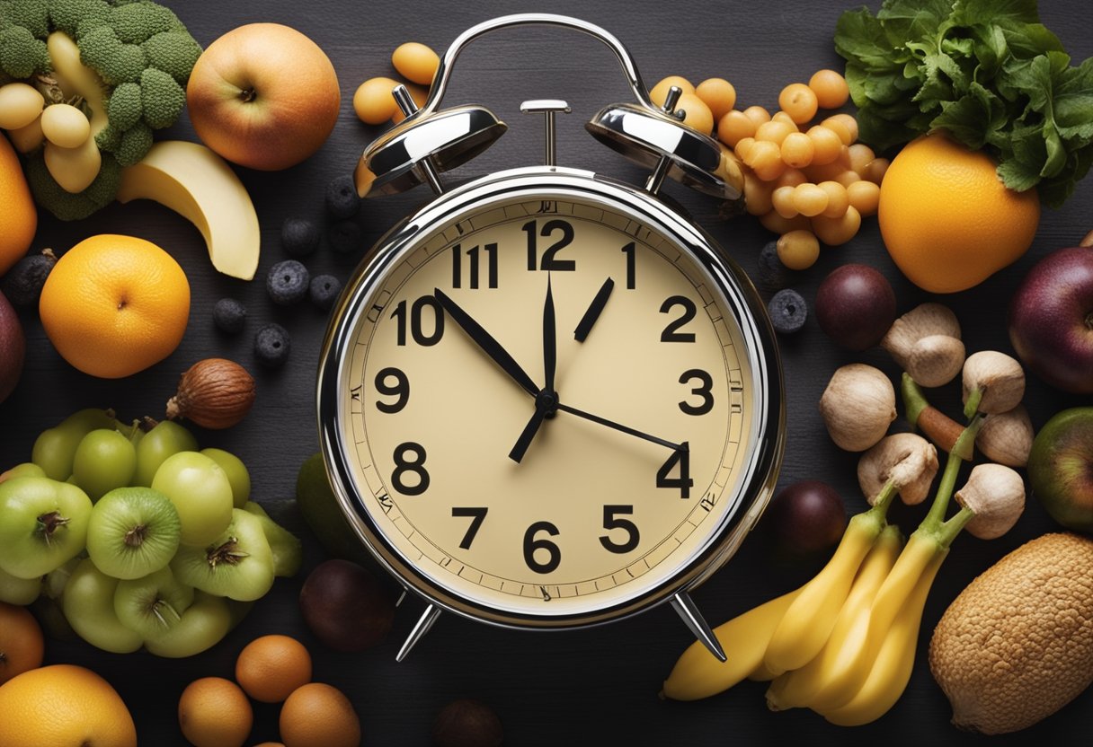 A Clock With A 16:8 Time Ratio, Surrounded By Healthy Food And Exercise Equipment