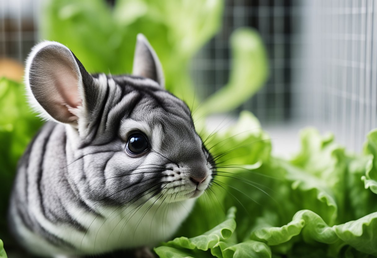 A chinchilla nibbles on a crisp romaine lettuce leaf in its cage