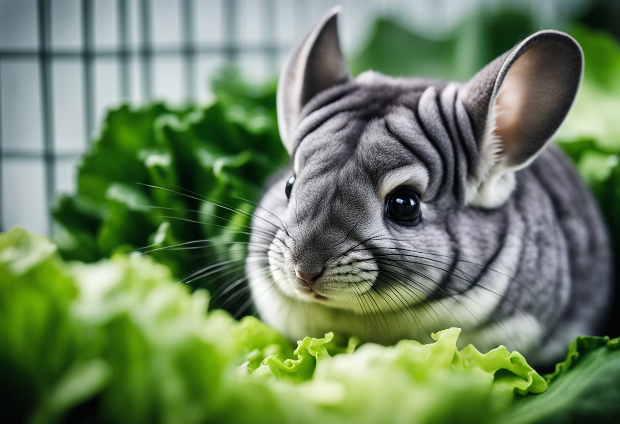 A chinchilla nibbles on a fresh, crisp romaine lettuce leaf in its cage