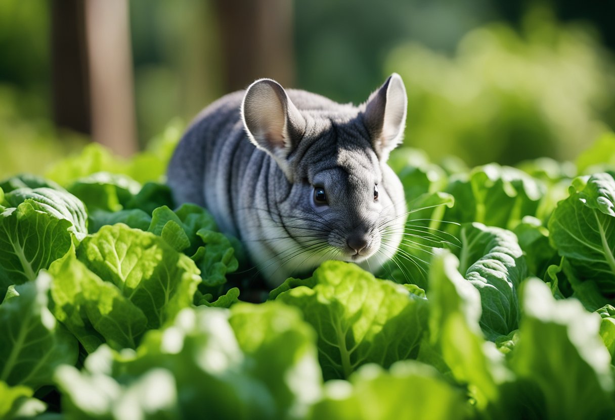 A chinchilla nibbles on a pile of romaine lettuce, surrounded by bright green leaves and a few scattered pieces on the ground