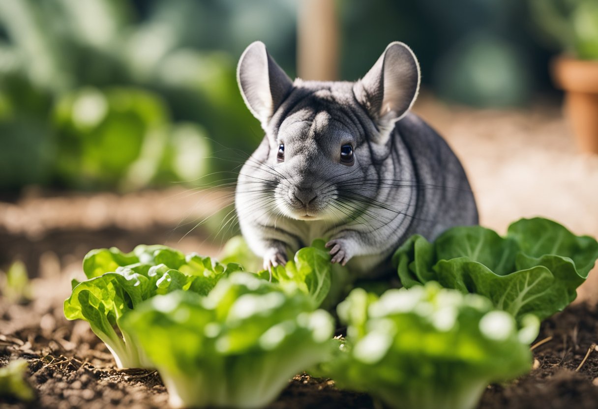 A chinchilla surrounded by romaine lettuce, eagerly nibbling on the crisp leaves