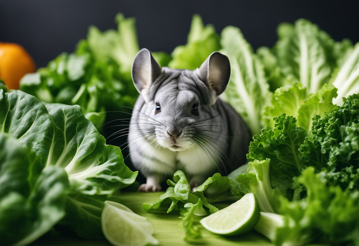 A chinchilla nibbles on a fresh, green romaine lettuce leaf, surrounded by other leafy greens and vegetables