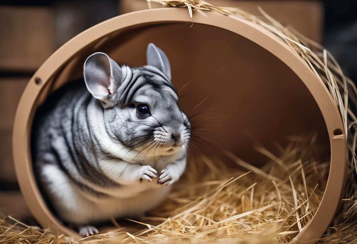 A chinchilla sitting in its cage, surrounded by hay and toys. A person sneezing and rubbing their itchy eyes while standing nearby