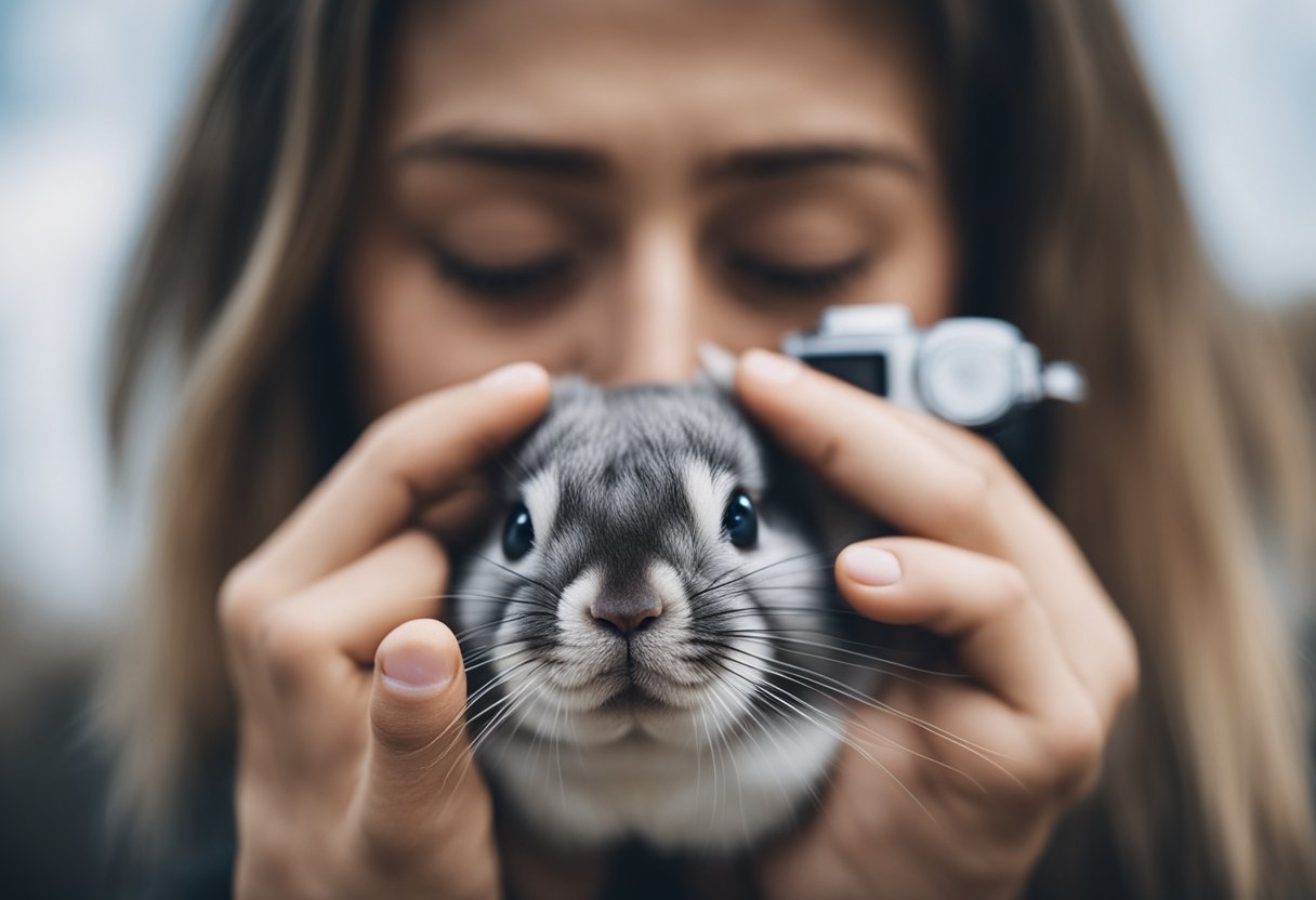 A person sneezing and rubbing their itchy eyes while holding a chinchilla