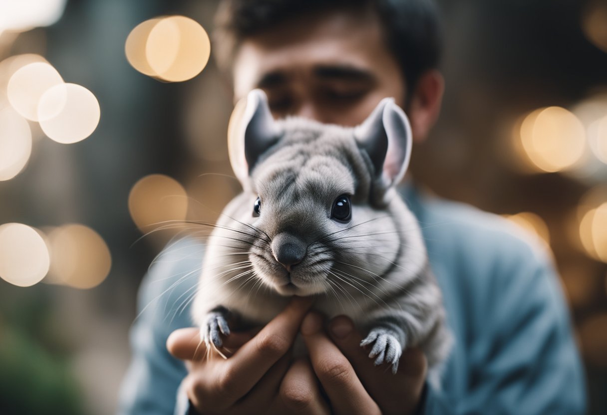 A person sneezing and rubbing their itchy eyes while holding a chinchilla