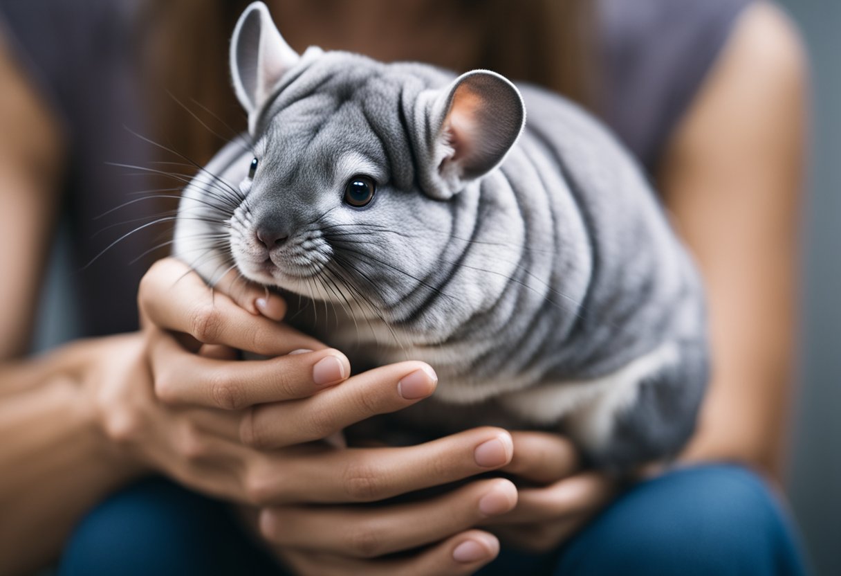 A person holding a chinchilla while showing signs of an allergic reaction, such as sneezing, watery eyes, and redness on the skin