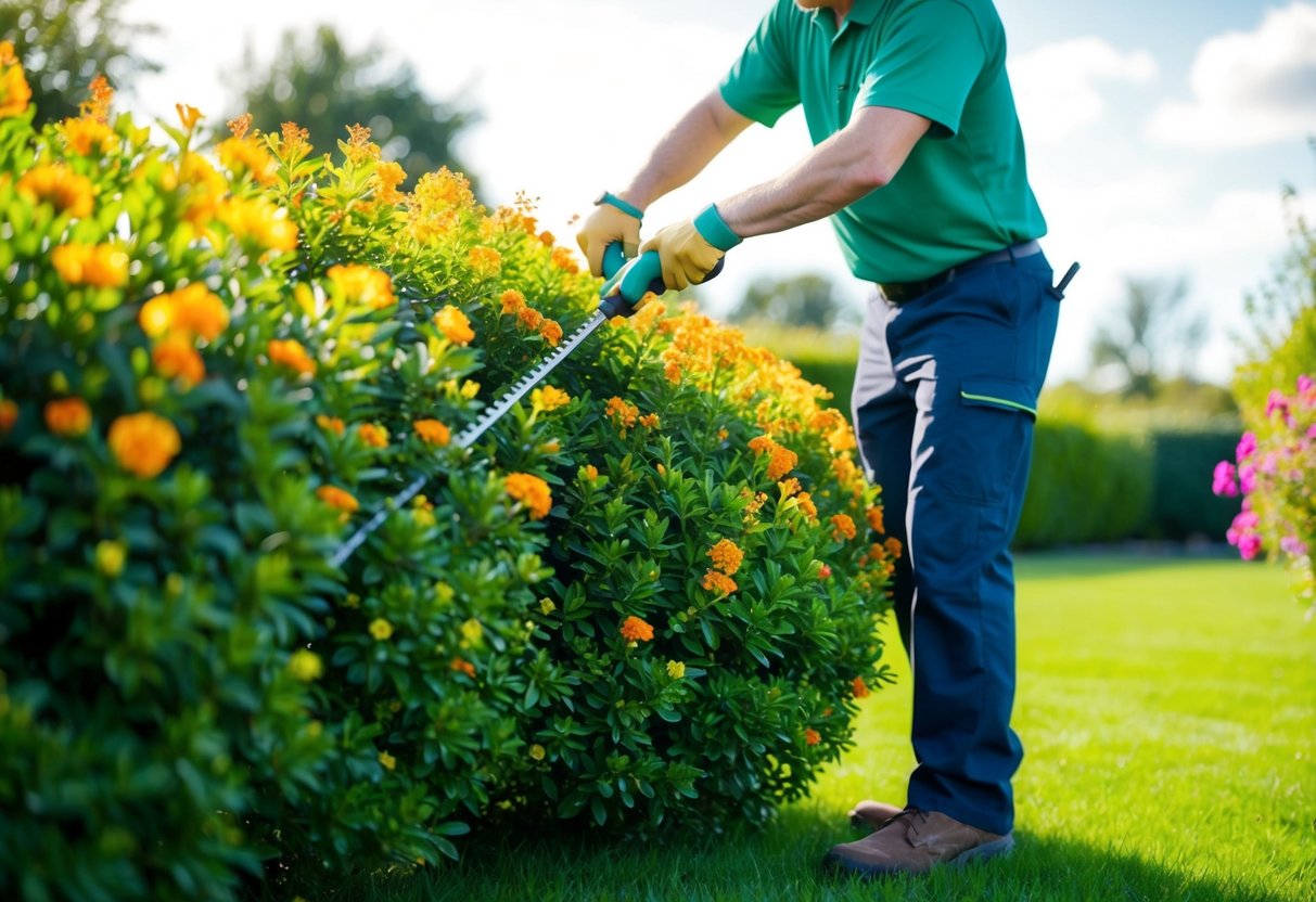 Een tuinier die een levendige stamroosstruik snoeit in een goed onderhouden tuin