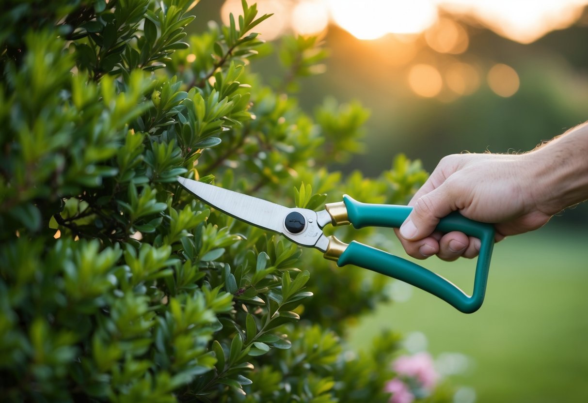Een tuinier die een stamroosstruik snoeit met een snoeischaar