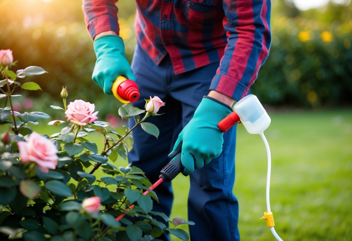 Een tuinier die een zieke rozenstruik snoeit met beschermende kleding en behandelingsspray.