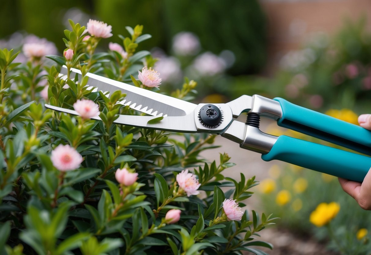 Een paar snoeischaren die een bloeiende stamroosstruik terugsnoeien in een goed onderhouden tuin
