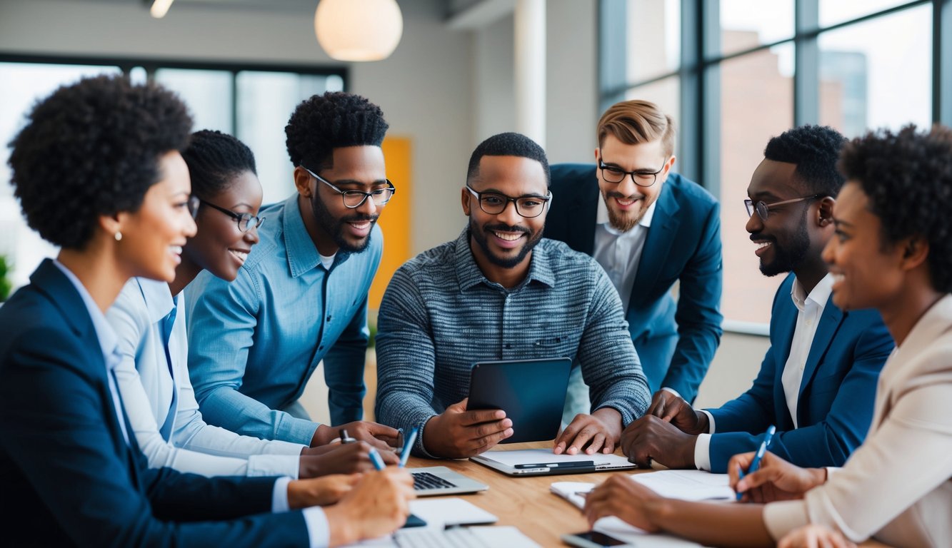 A group of diverse individuals working together, each demonstrating their unique leadership style through their actions and interactions with one another