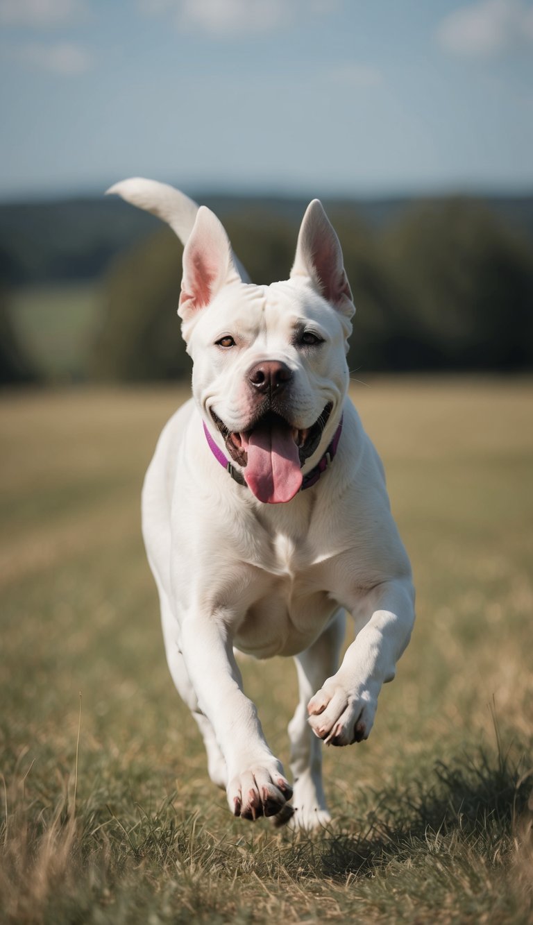 A hyperactive Cane Corso running through an open field, tongue lolling, ears flapping, and tail wagging, with a look of pure joy on its face