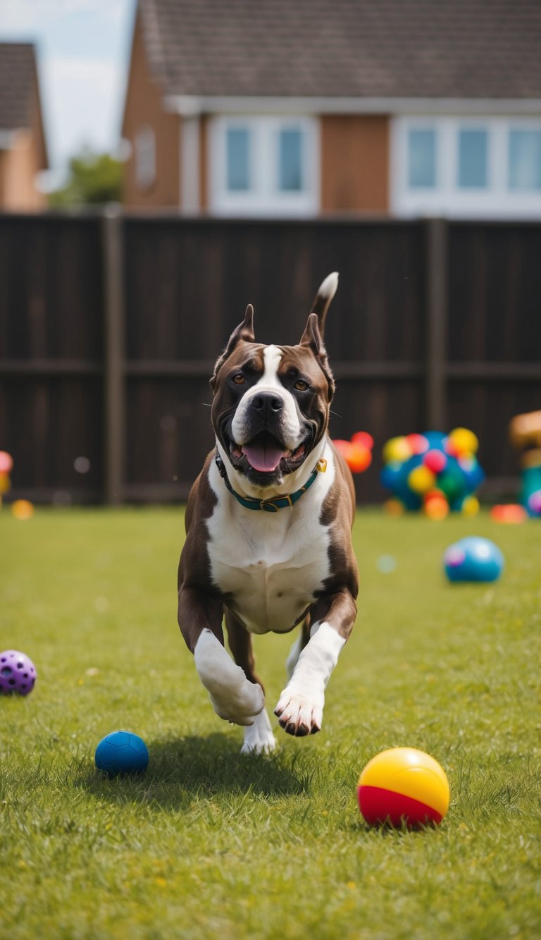 A hyperactive Cane Corso running and playing in a spacious, fenced yard with toys scattered around