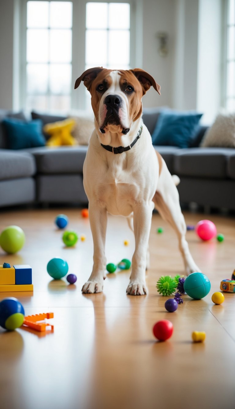 A hyperactive Cane Corso plays mental stimulation games with scattered toys in a spacious, well-lit room