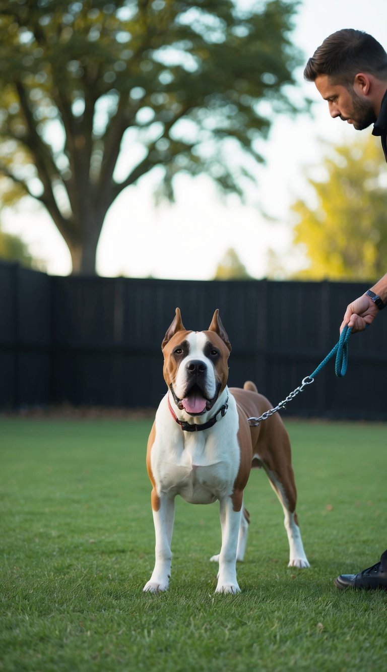 A Cane Corso eagerly follows commands in a spacious, fenced-in yard, with a trainer holding a leash and giving guidance