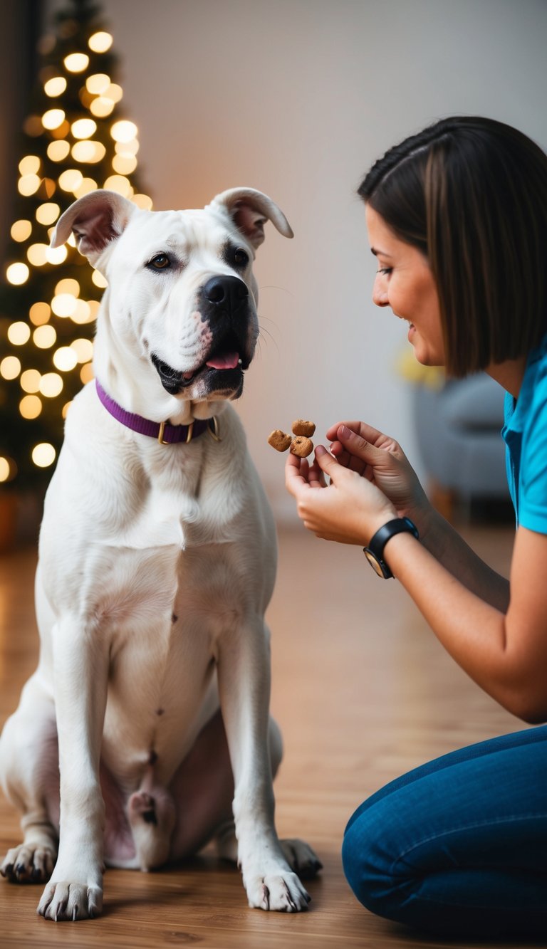 A hyperactive Cane Corso sits calmly as its owner rewards it with treats for good behavior. The dog's tail wags happily as it receives positive reinforcement