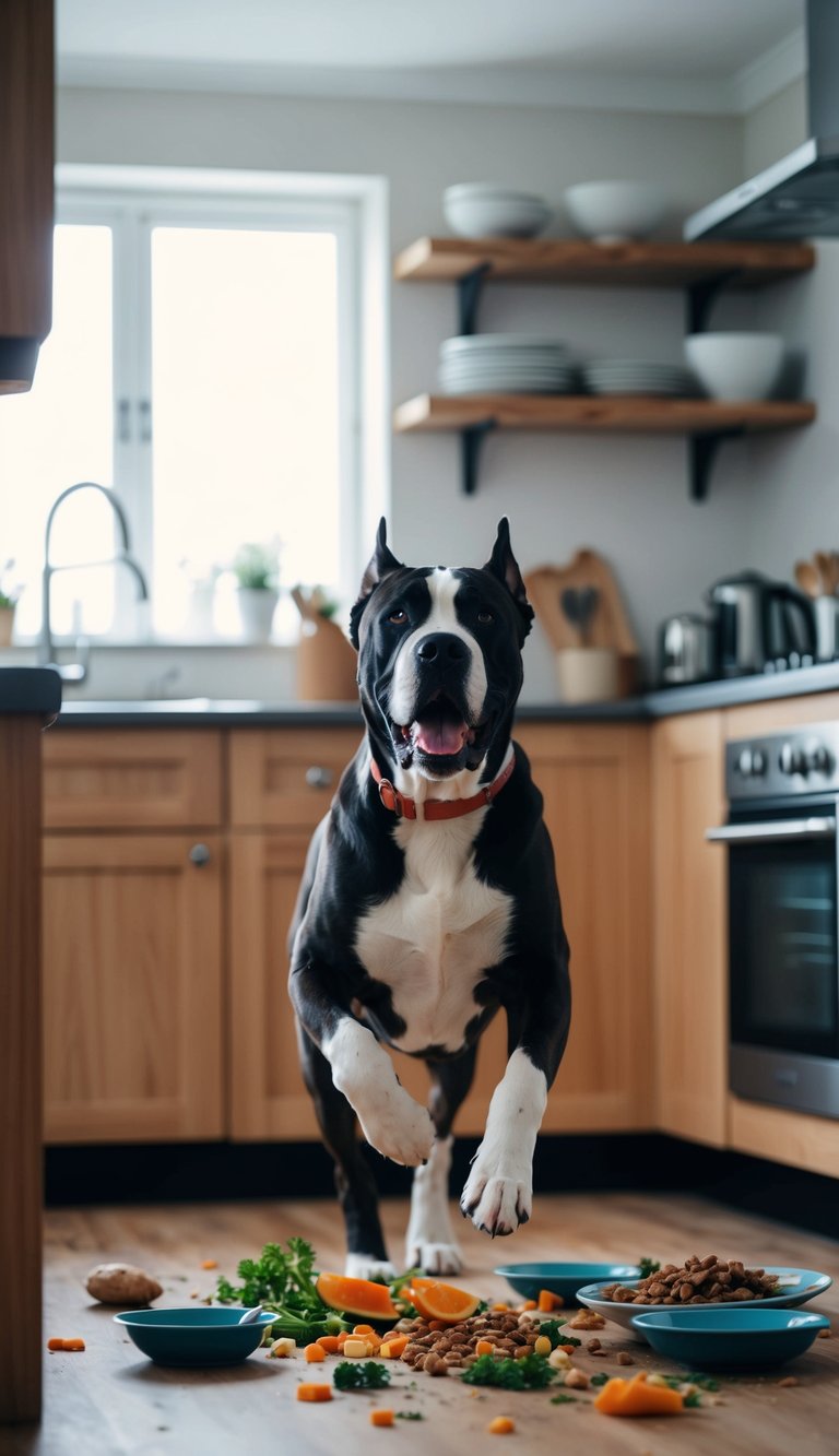 A hyperactive Cane Corso running through a kitchen, knocking over food and dishes as the owner tries to make dietary adjustments