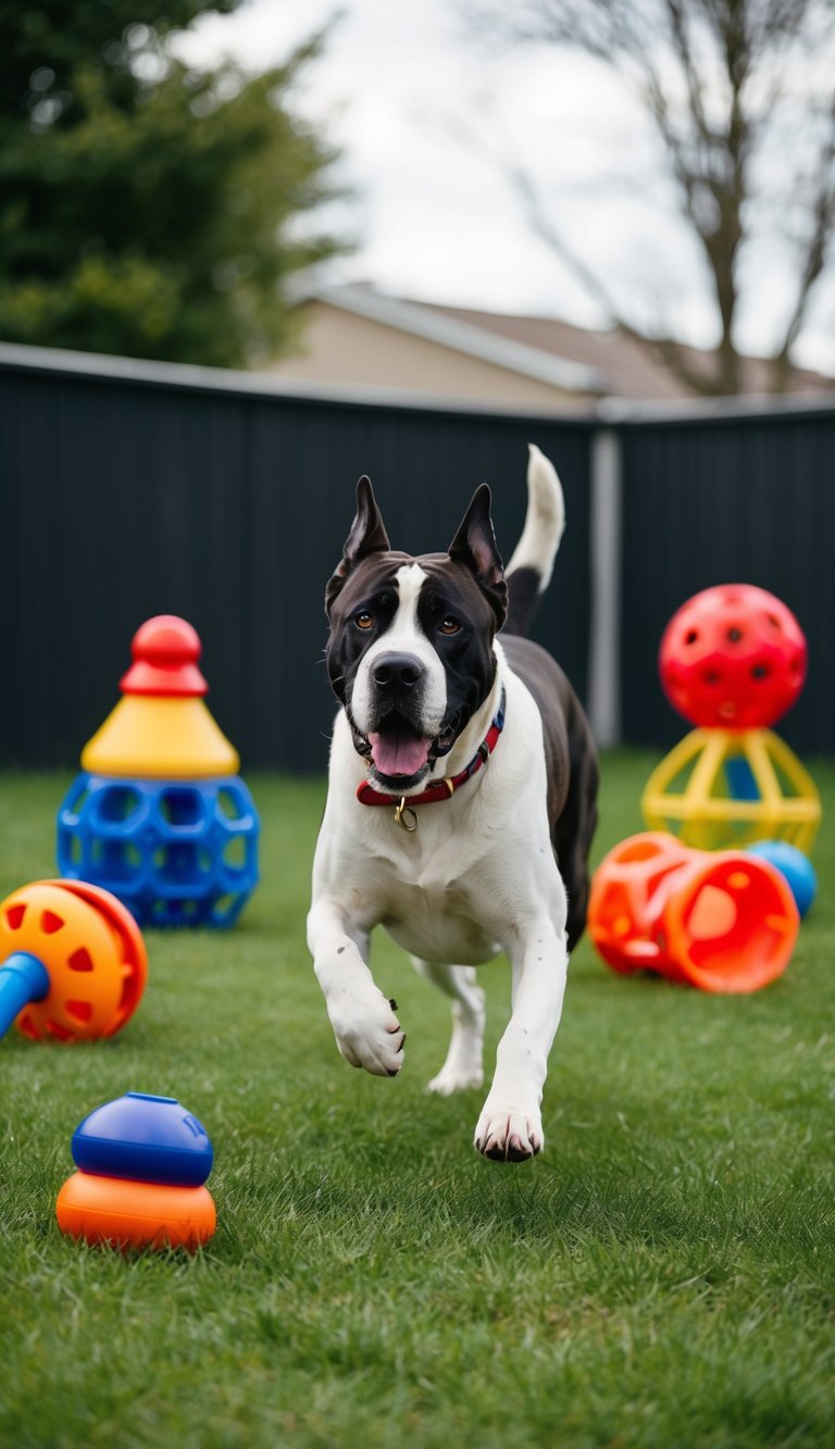 A hyperactive Cane Corso surrounded by interactive toys, running and playing in a spacious, fenced-in yard
