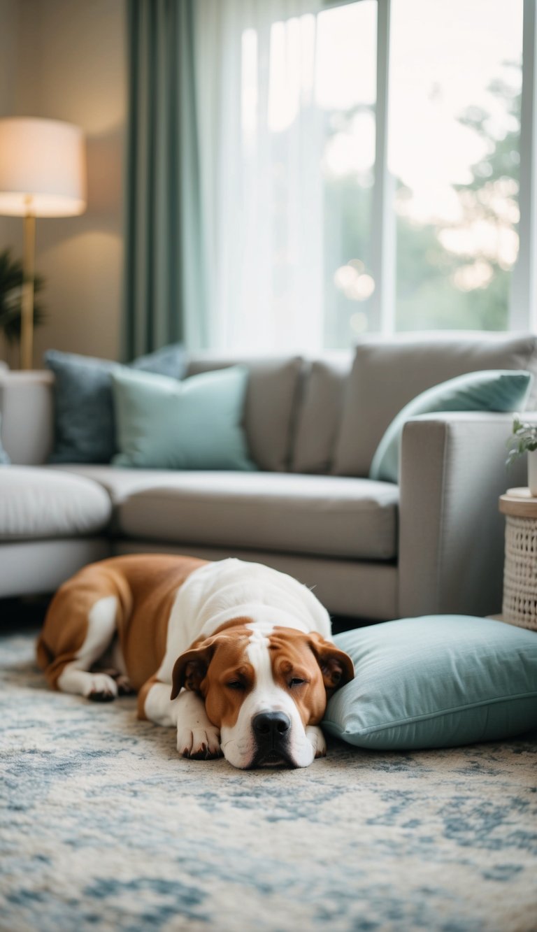 A tranquil living room with a sleeping Cane Corso surrounded by calming elements like soft lighting, comfortable furniture, and soothing colors