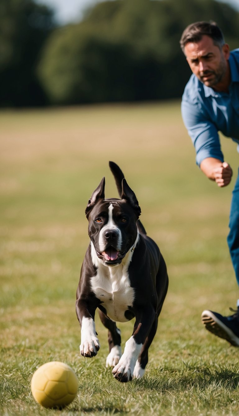 A hyperactive Cane Corso runs through an open field, chasing after a ball while its owner attempts to keep up with its energy