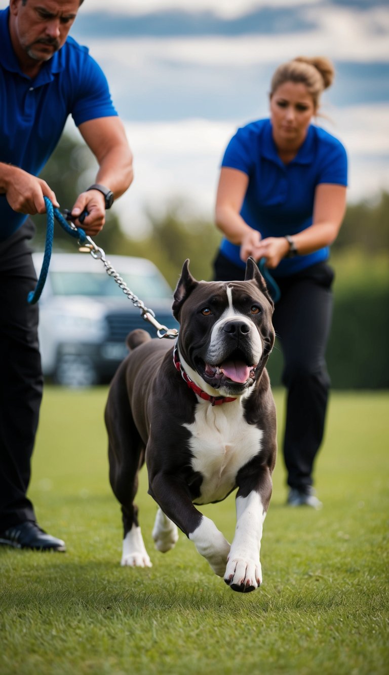 A hyperactive Cane Corso pulls on a leash during training, while the instructor uses various techniques to calm and control the energetic dog
