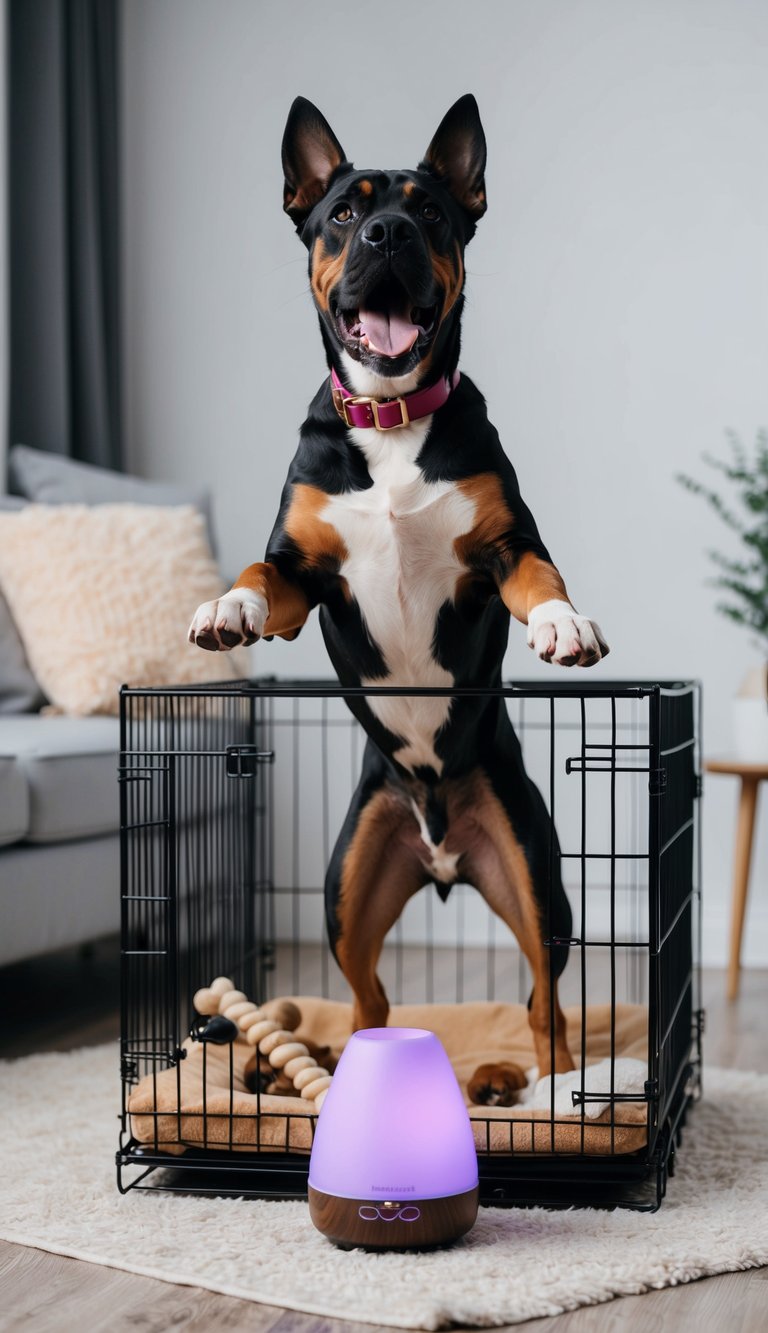 A hyperactive Cane Corso jumping and barking in a crate, surrounded by chew toys and a calming lavender scent diffuser