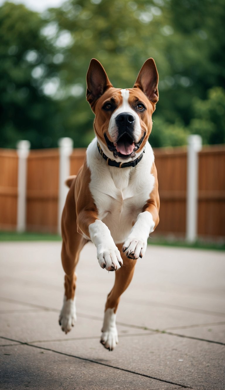 A Cane Corso running and jumping in a spacious backyard, with a look of excitement and energy in its eyes