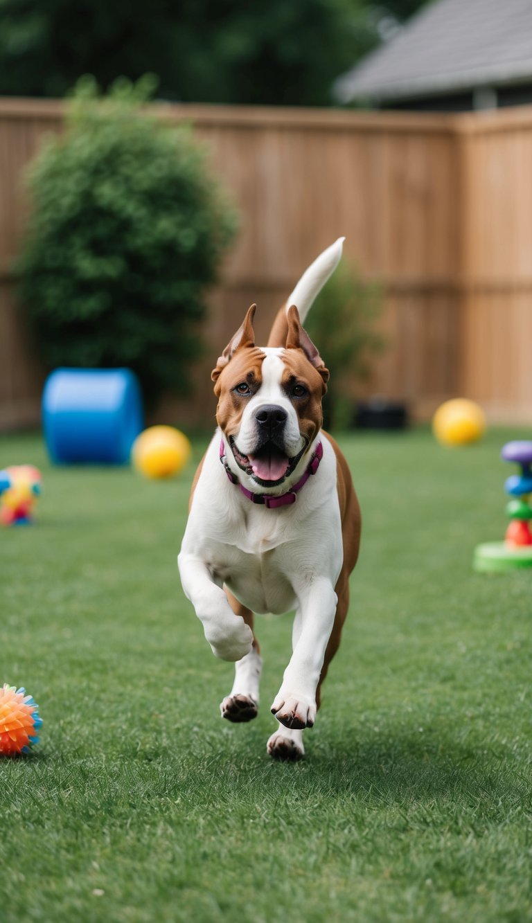 A hyperactive Cane Corso running through a spacious, fenced yard with various enrichment toys and obstacles to engage with