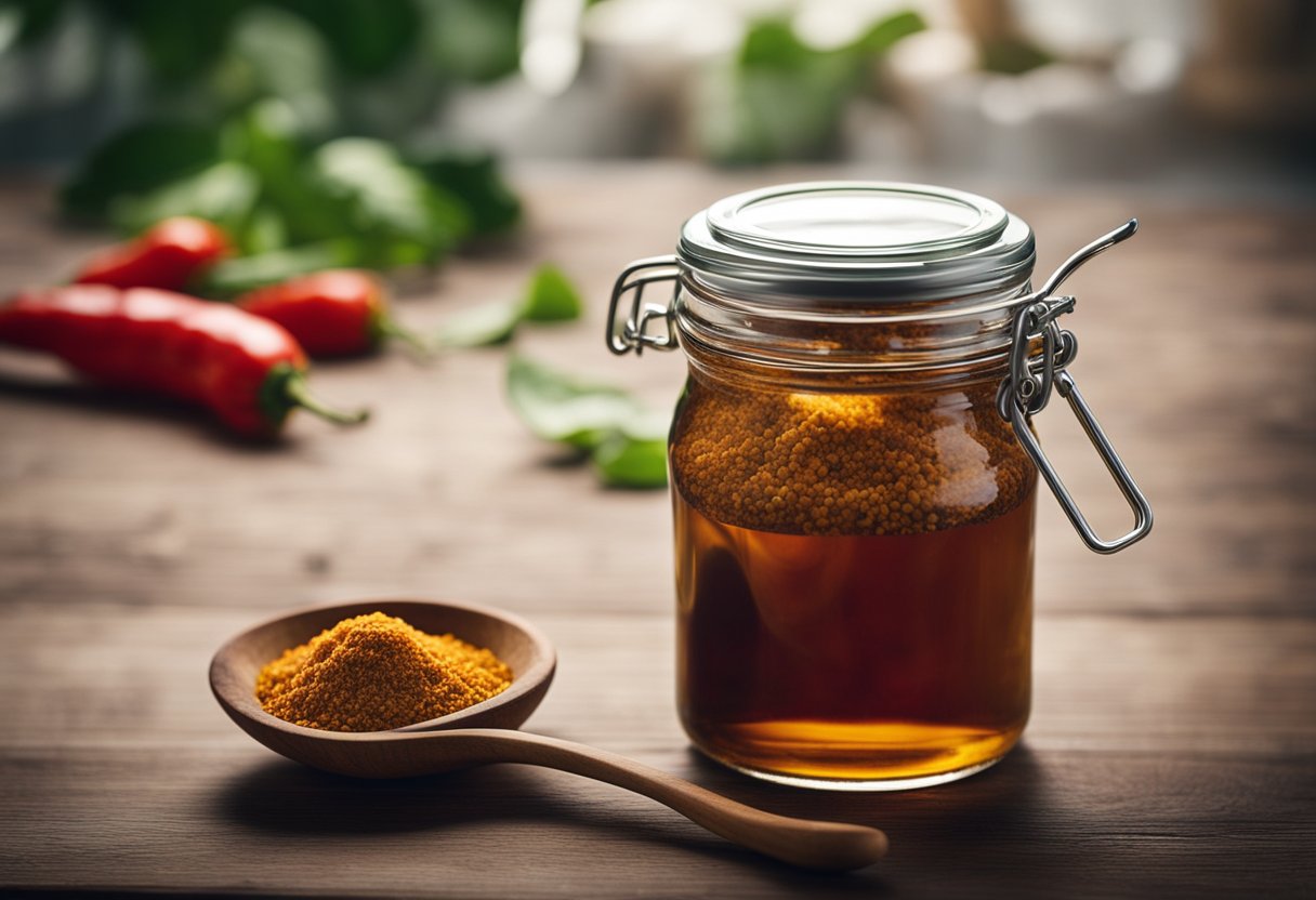 A glass jar filled with castor oil and cayenne pepper, with a small spoon stirring the ingredients together