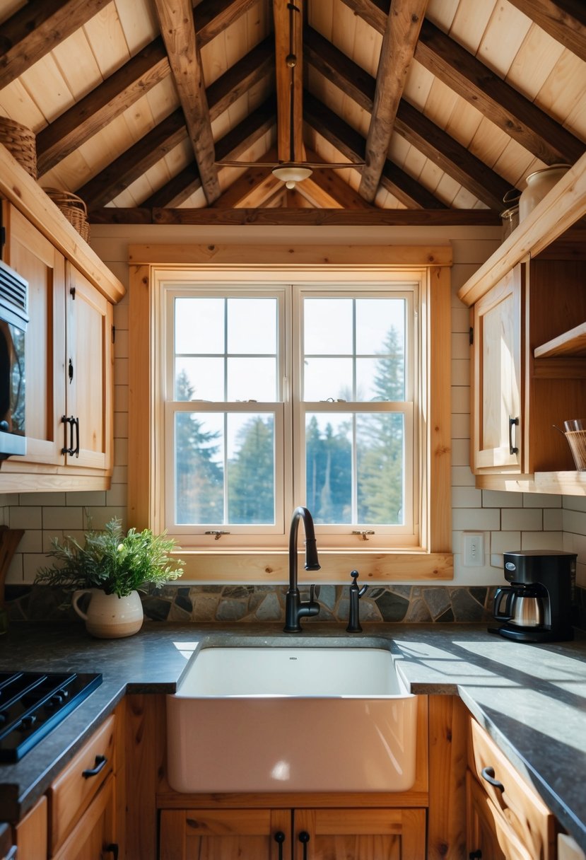 A cozy, rustic kitchen in a tiny house with exposed wood beams, stone countertops, and a farmhouse sink. Sunlight streams through the window, illuminating the charming space