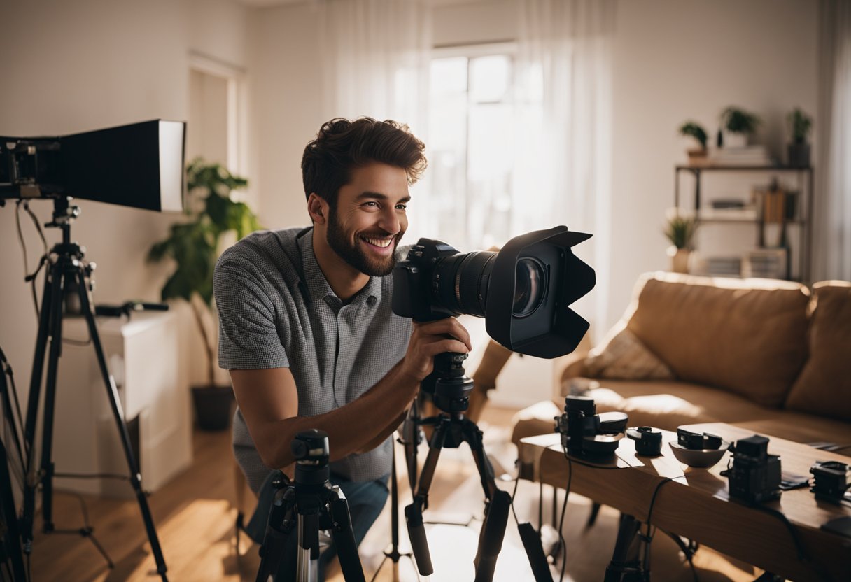 A smiling person setting up a camera in a cozy room with good lighting, ready to film YouTube content