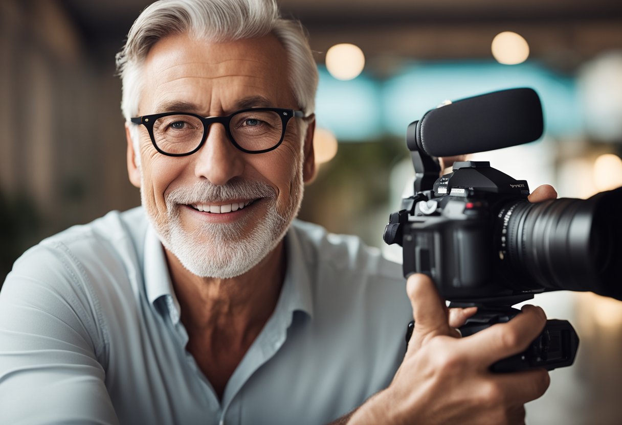 A mature person confidently filming a YouTube video with a bright and welcoming background