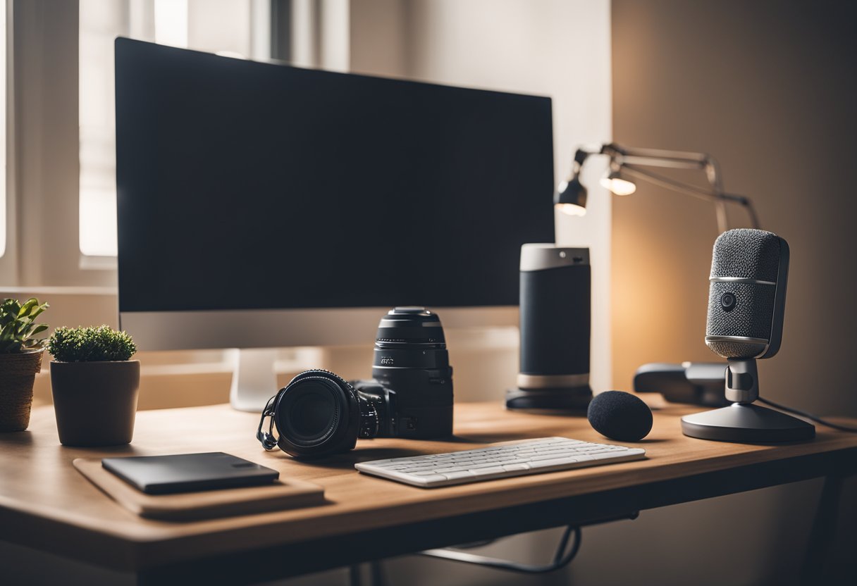 A cozy home office with a computer, camera, and microphone set up for recording YouTube videos. A calendar on the wall shows the date