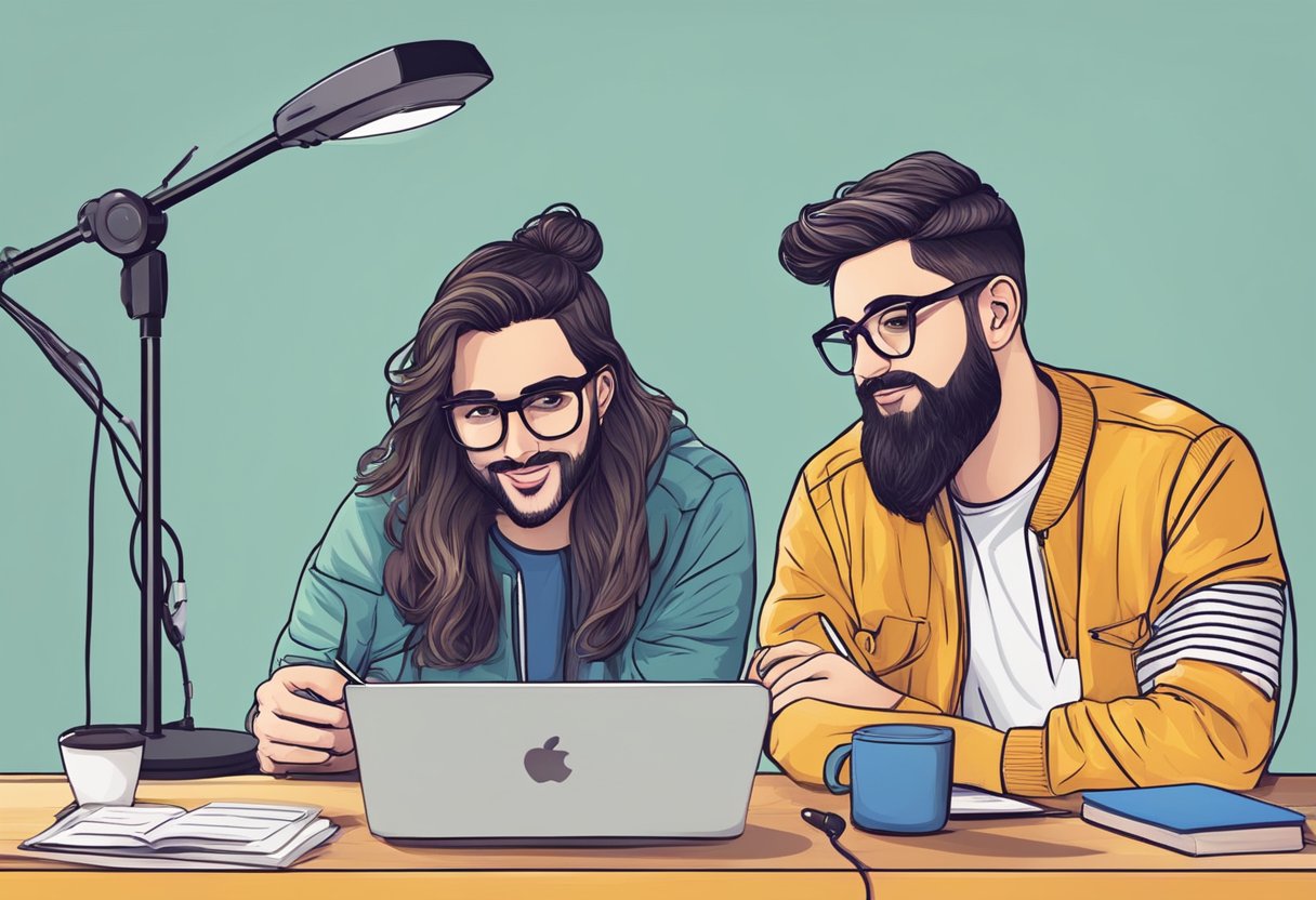 Blogger and YouTube: Exploring Their Natural Synergy for Content Creators 3 A blogger and a YouTuber collaborating on a video, brainstorming ideas and exchanging creative energy