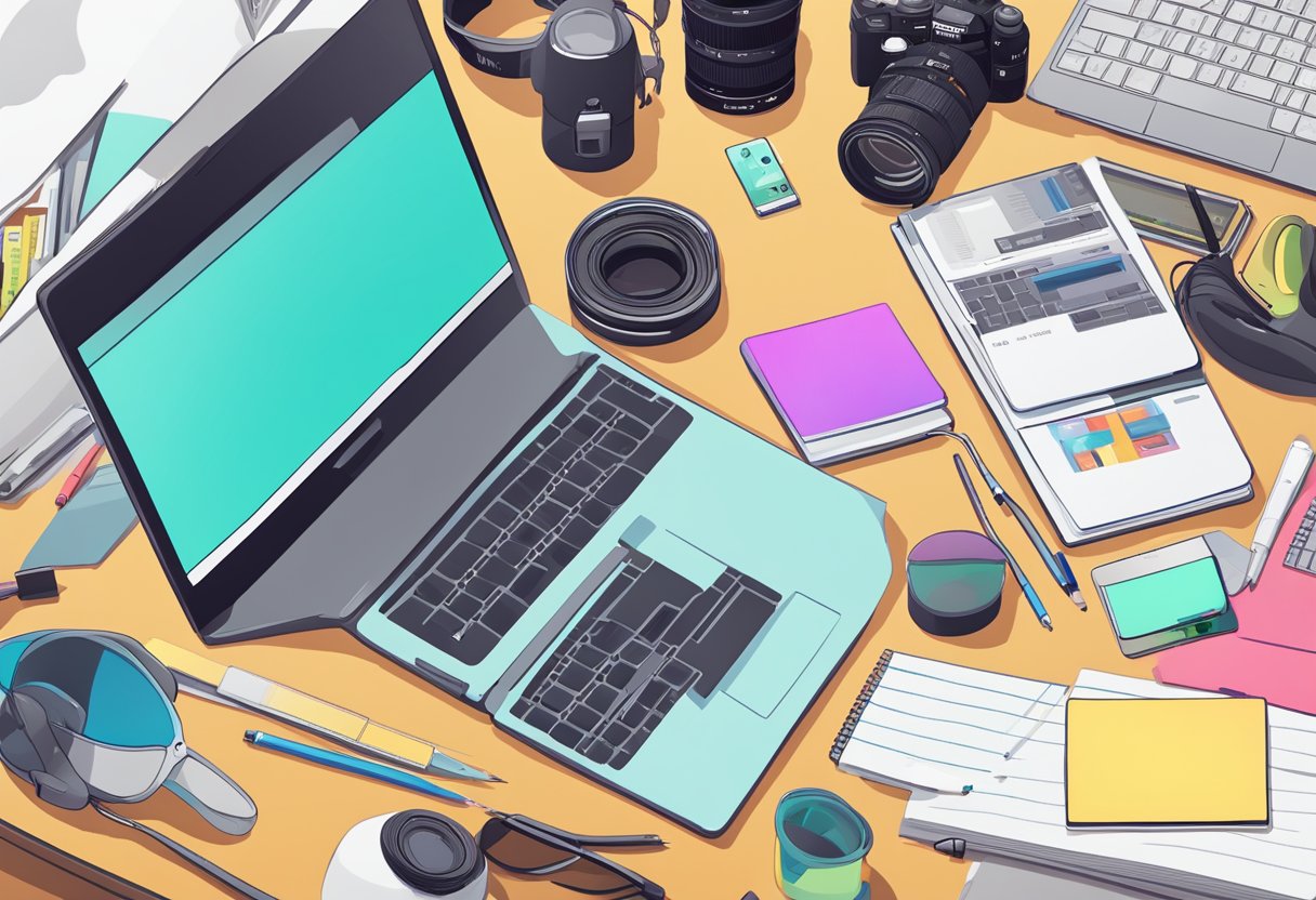 Blogger and YouTube: Exploring Their Natural Synergy for Content Creators 4 A blogger's desk cluttered with camera equipment, notebooks, and branded merchandise, with a laptop open to a Youtube channel page