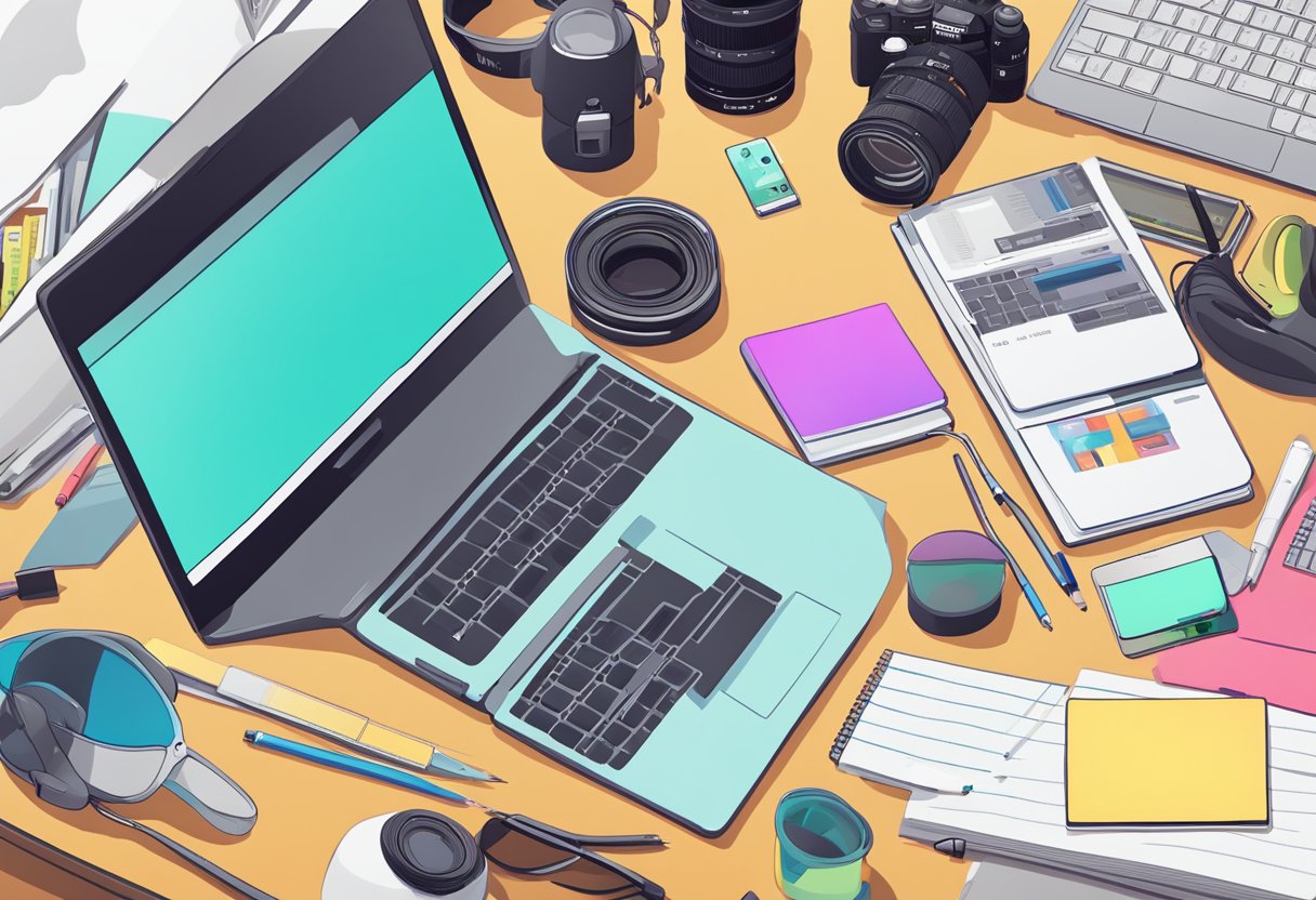 A blogger's desk cluttered with camera equipment, notebooks, and branded merchandise, with a laptop open to a Youtube channel page