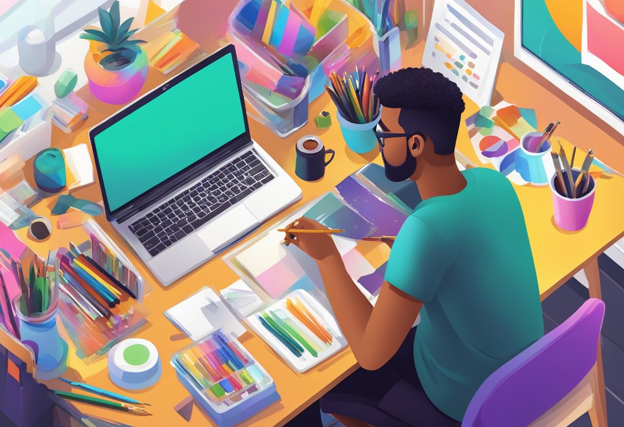 Blogger and YouTube: Exploring Their Natural Synergy for Content Creators 5 A person sitting at a desk with a laptop, camera, and art supplies, surrounded by colorful posters and inspirational quotes